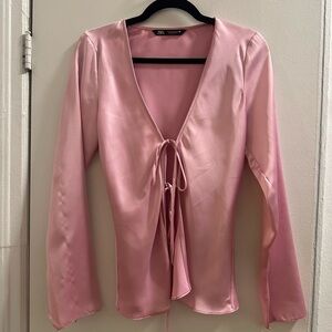 Zara Blush Satin Tie-Front Blouse